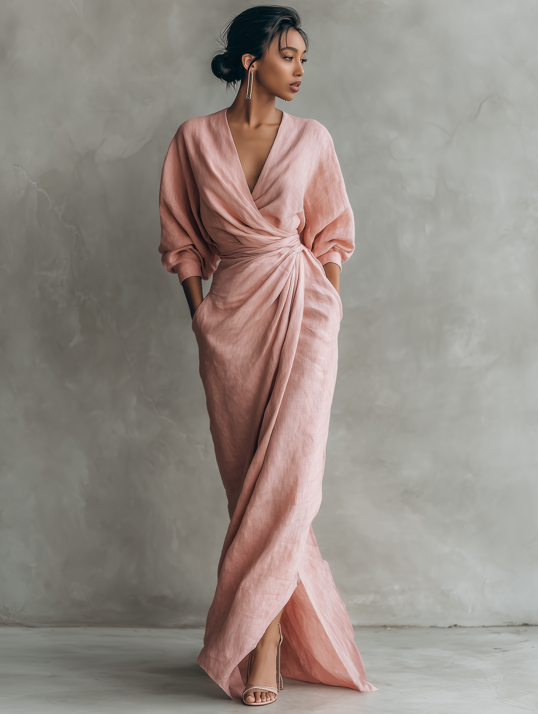 Pink linen-blend maxi V-neck dress with knotted waist, long skirt with side slit