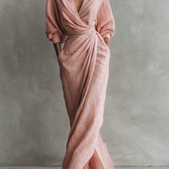 Pink linen-blend maxi dress with V-neck, ruched knot front, three-quarter sleeves