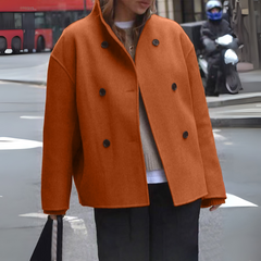 Terracotta orange long-sleeve stand-collar coat with double-breasted buttons