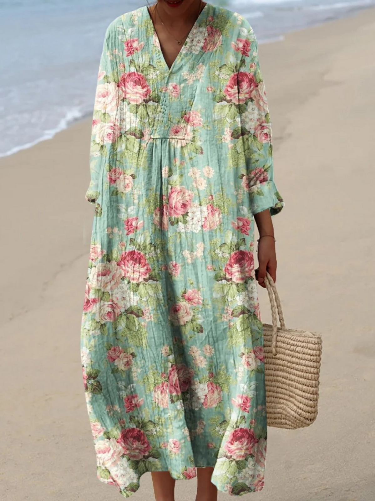 Boho floral maxi dress, mint green with pink roses, V-neck and long sleeves