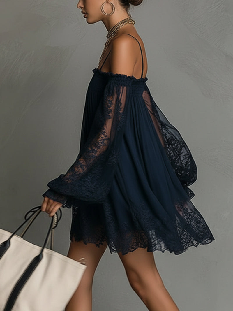 Navy off-shoulder mini dress from side view with lace sleeves and gathered skirt