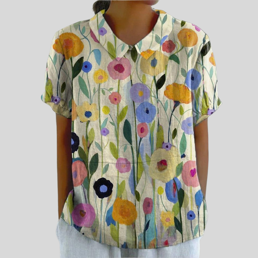 Top in cotone con stampa floreale multicolore e scollo rotondo, maniche corte