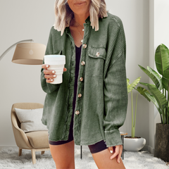 Cozy loose-fit batwing button-down jacket in light green, textured knit, chest pocket buttons