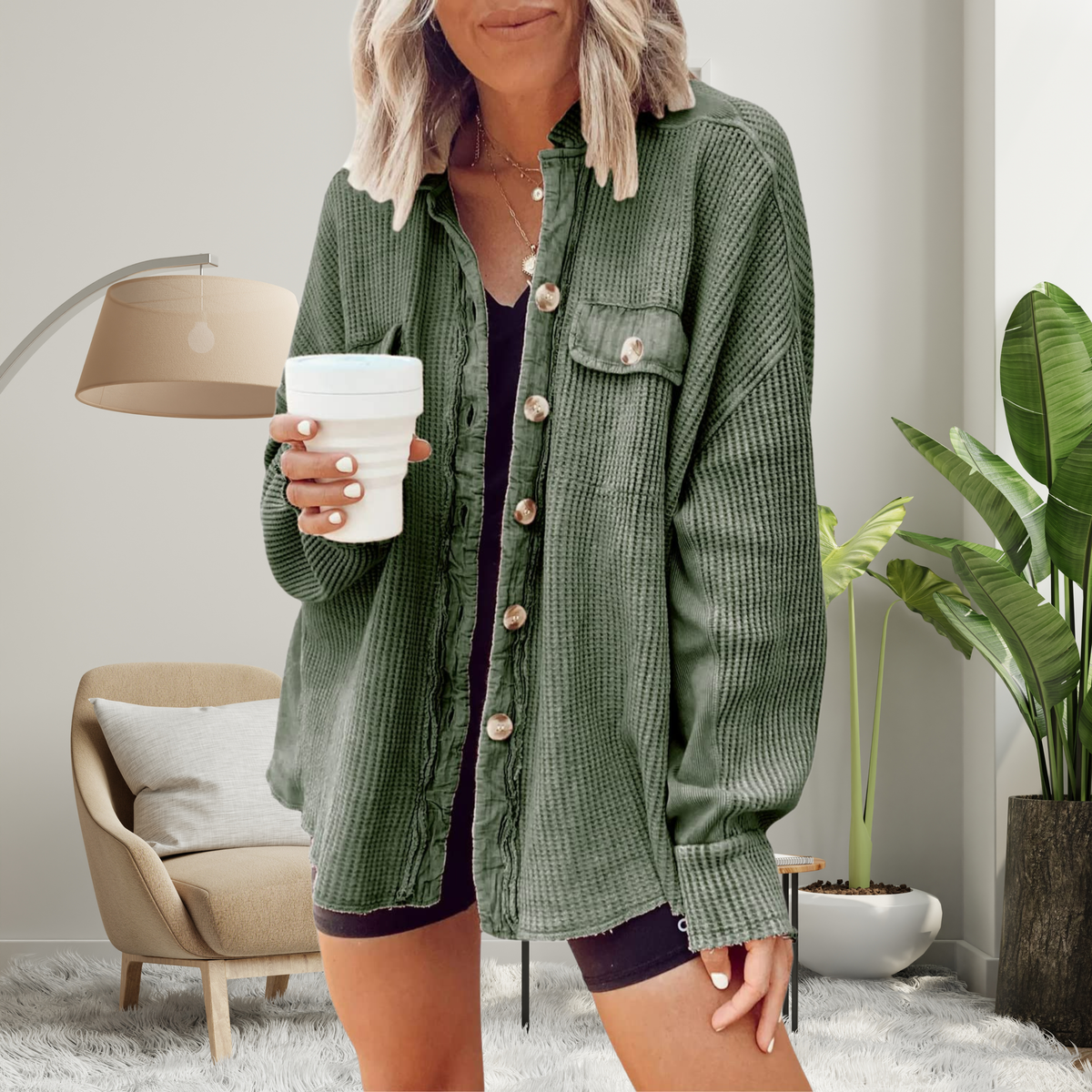 Cozy loose-fit batwing button-down jacket in light green, textured knit, chest pocket buttons