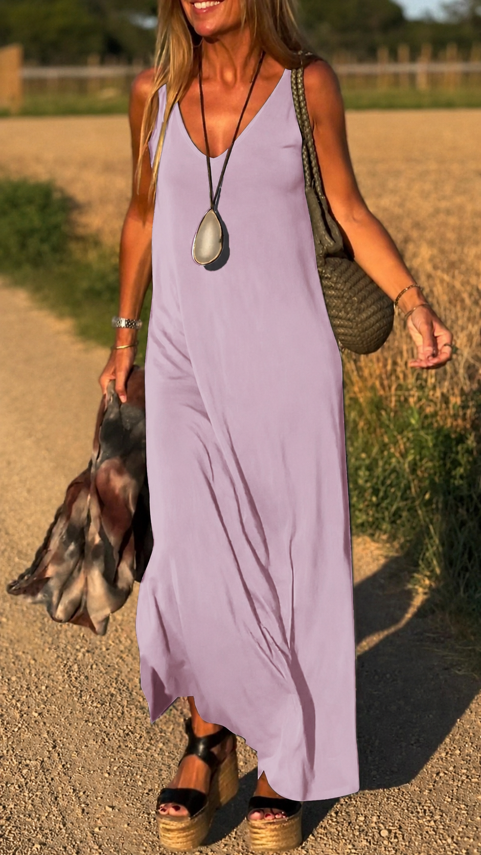 Abito maxi boho senza maniche lilla-viola con scollo a V e orlo lungo