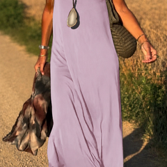 Abito maxi boho senza maniche lilla-viola con scollo a V e dettagli drappeggiati