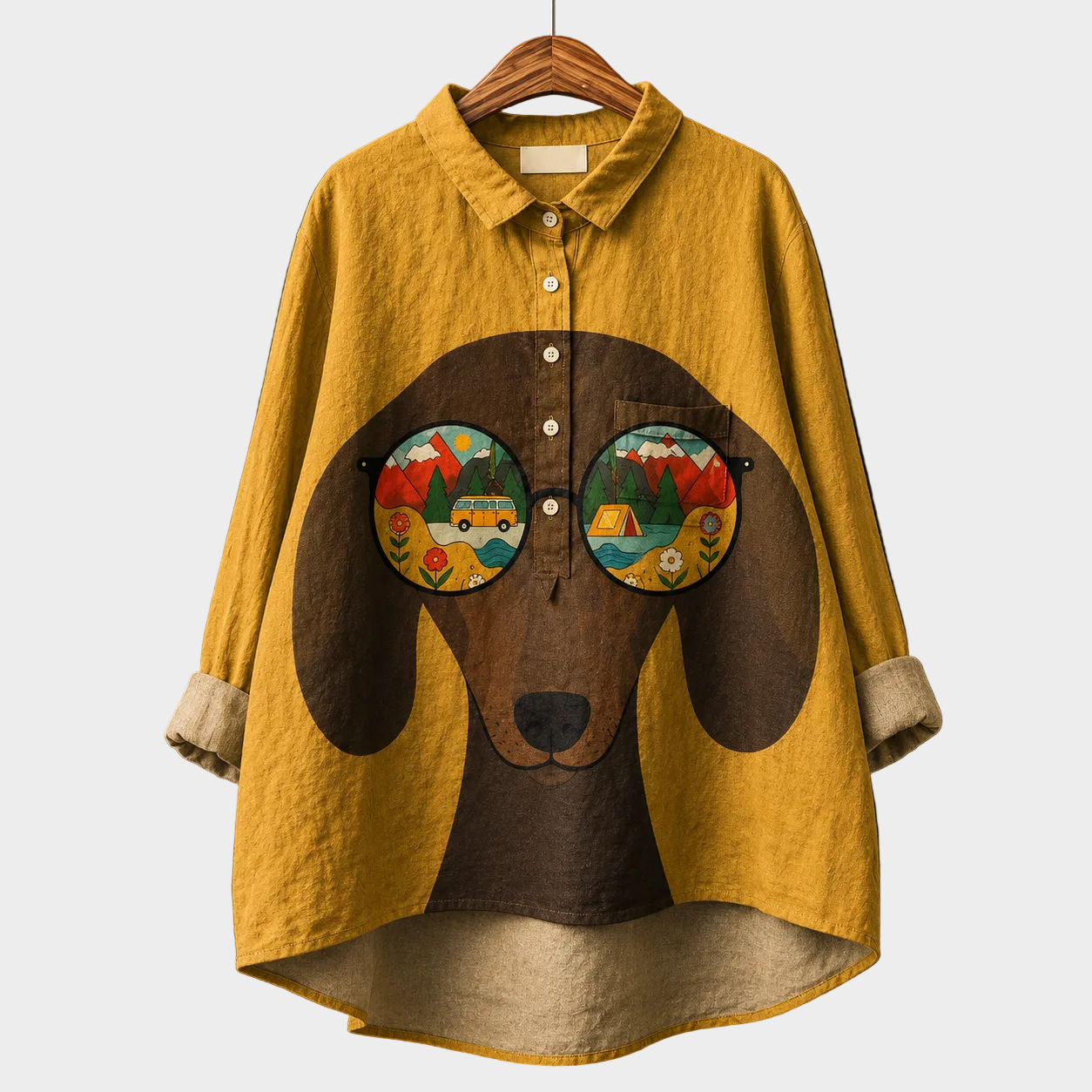 Blusa estiva in lino giallo senape con stampa cane e bottoni frontali