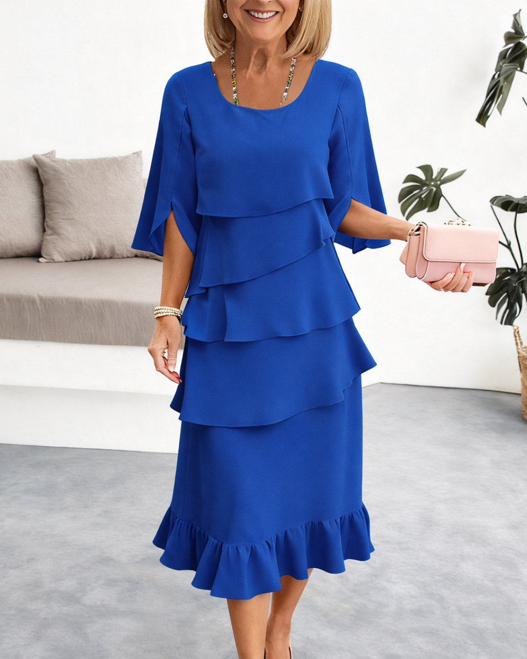 Blue ruffle tier midi dress with layered ruffles and tiered skirt