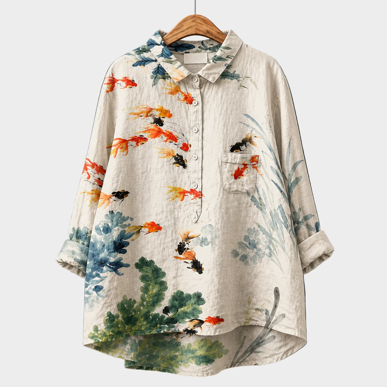 Blusa estiva a maniche lunghe con colletto, bottone frontale e stampa floreale con uccelli
