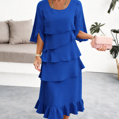 Blue ruffle tier midi dress with layered ruffles and flutter sleeves
