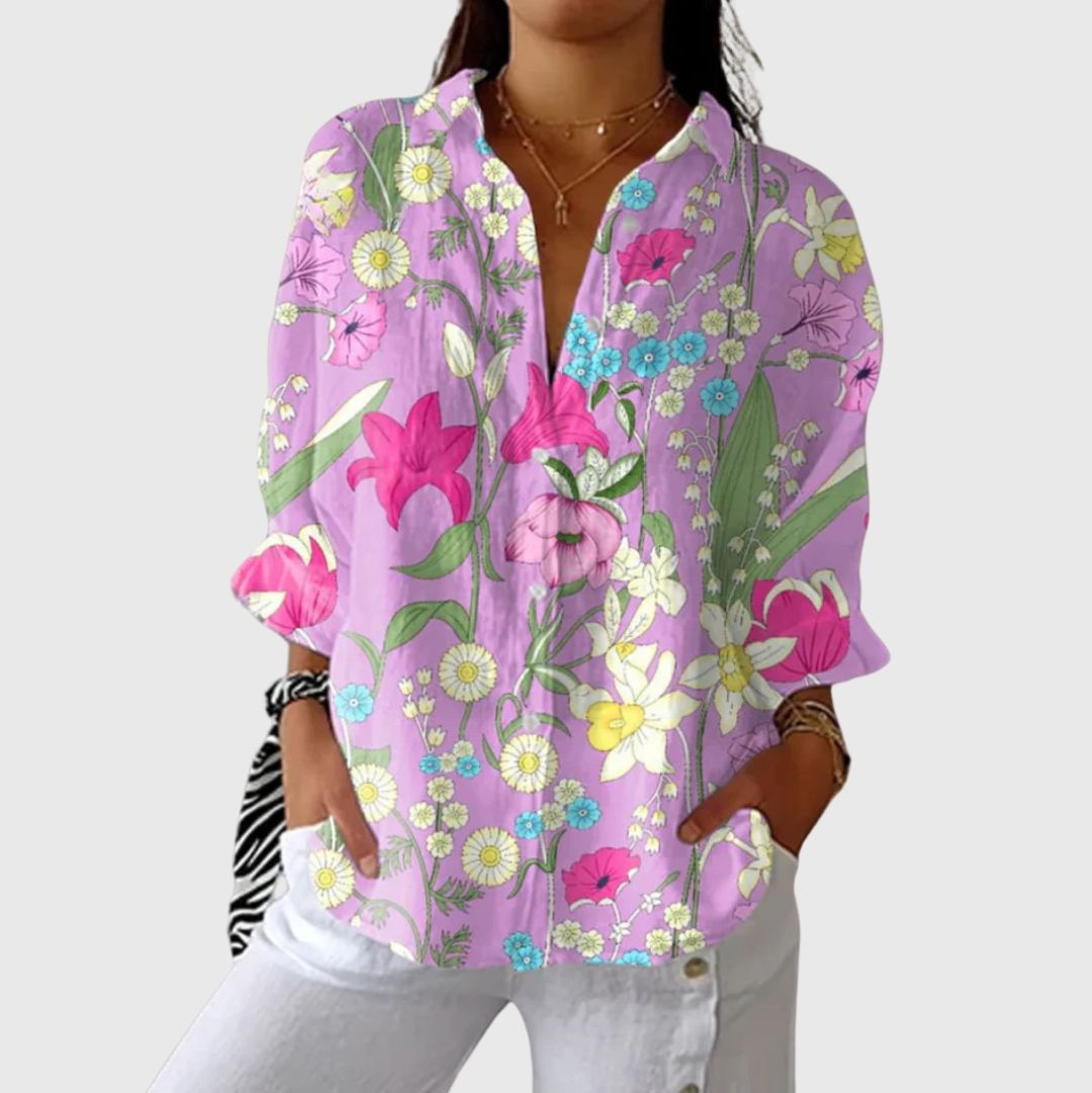 Blusa leggera viola con stampa floreale multicolore, scollo a V e maniche lunghe