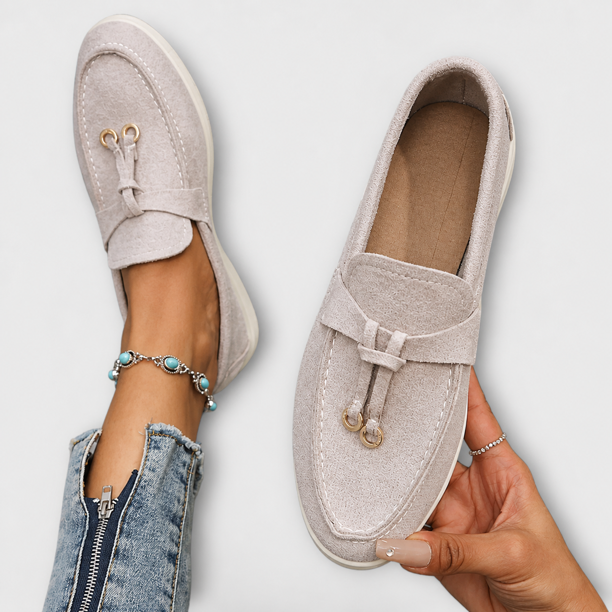 Mocassini eleganti Gamila beige in suede con dettaglio con fibbia frontale