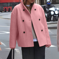 Blush pink long-sleeve stand-collar coat with double-breasted button front