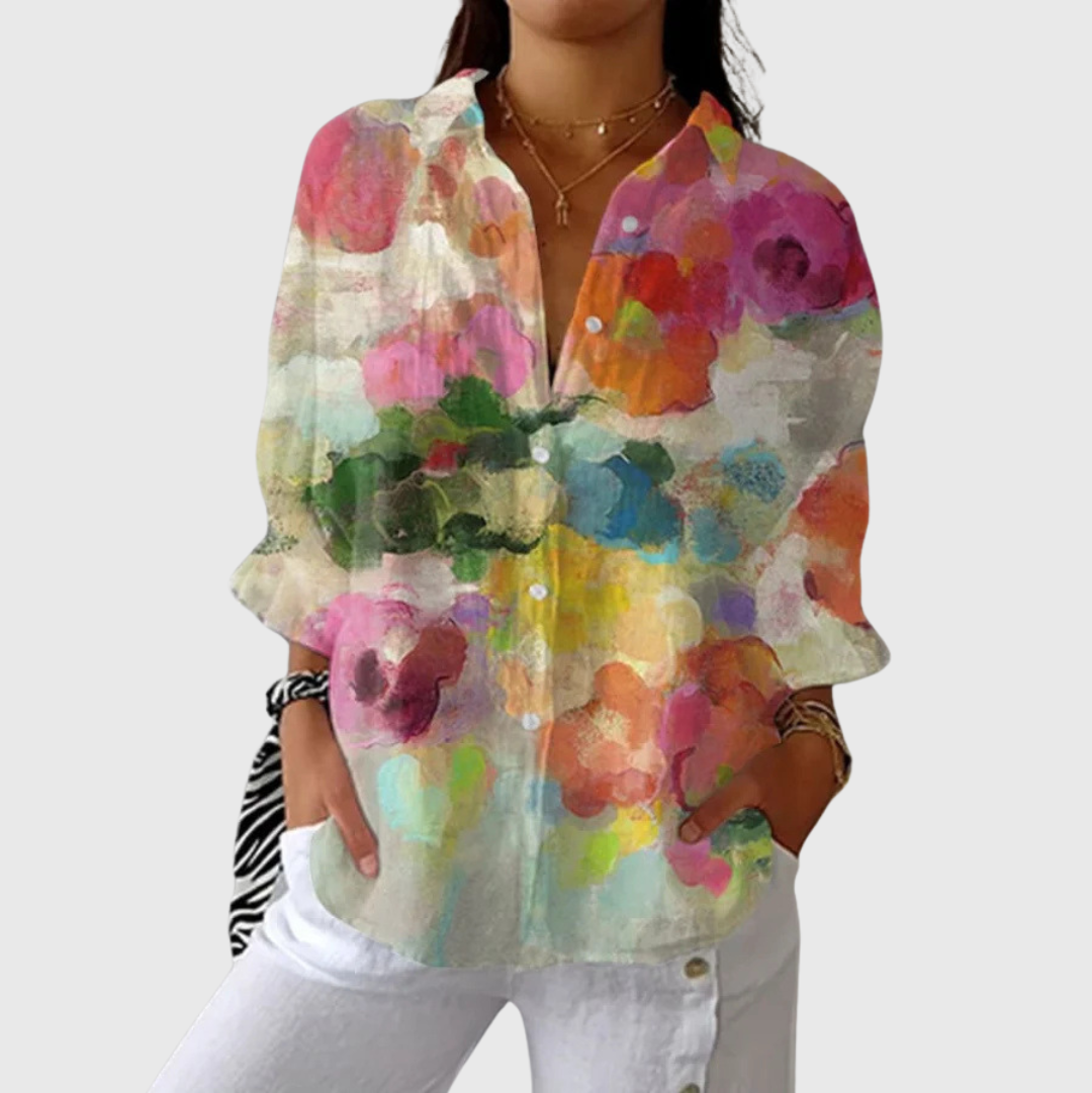 Blusa leggera a maniche lunghe con scollo a V e stampa multicolore astratta