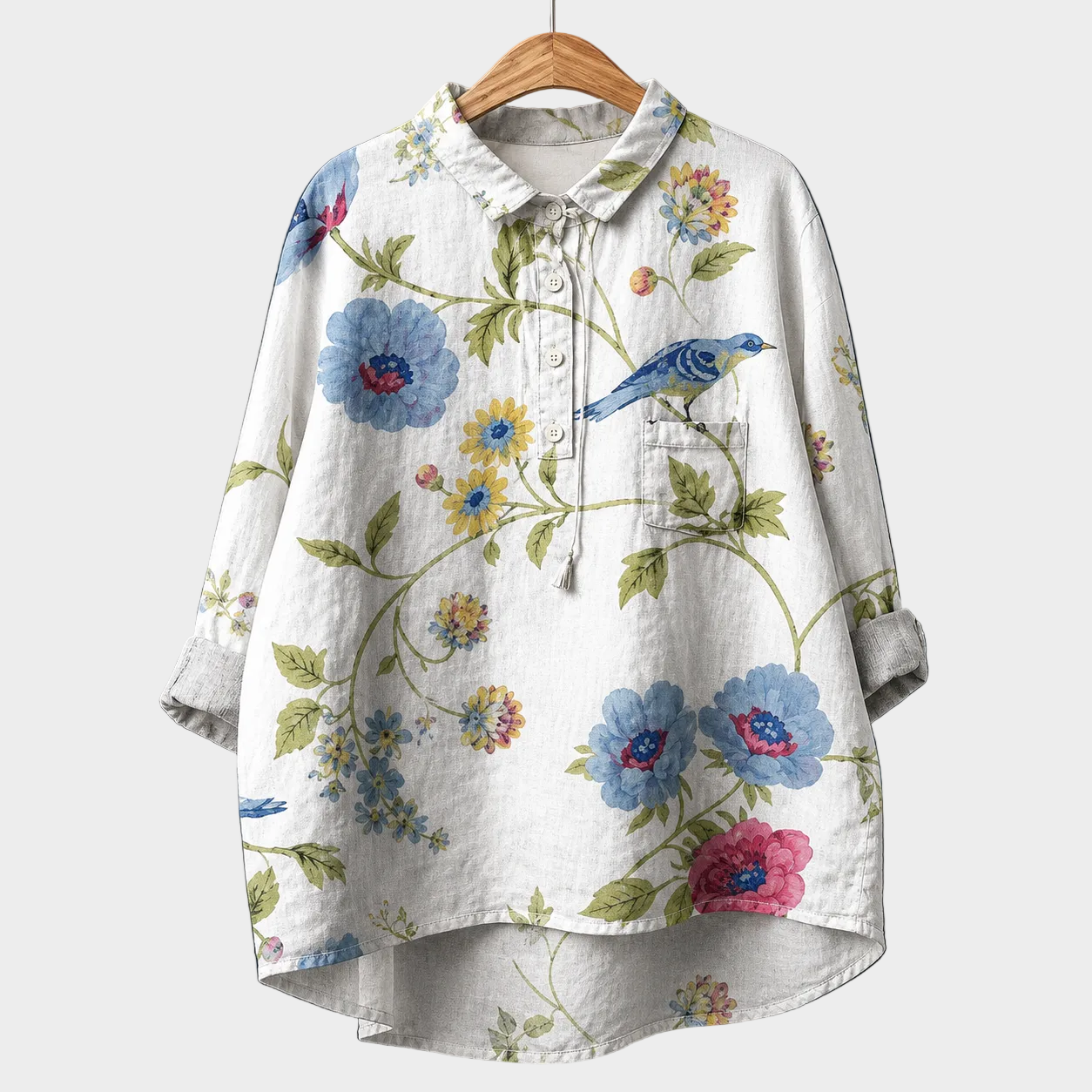 Blusa estiva elegante bianca con stampa floreale, bottoni e laccetto al colletto