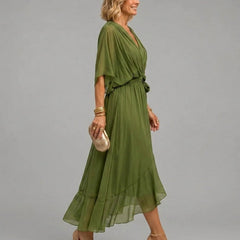 Olive green V-neck tie-waist midi dress, side view with draped flutter sleeves