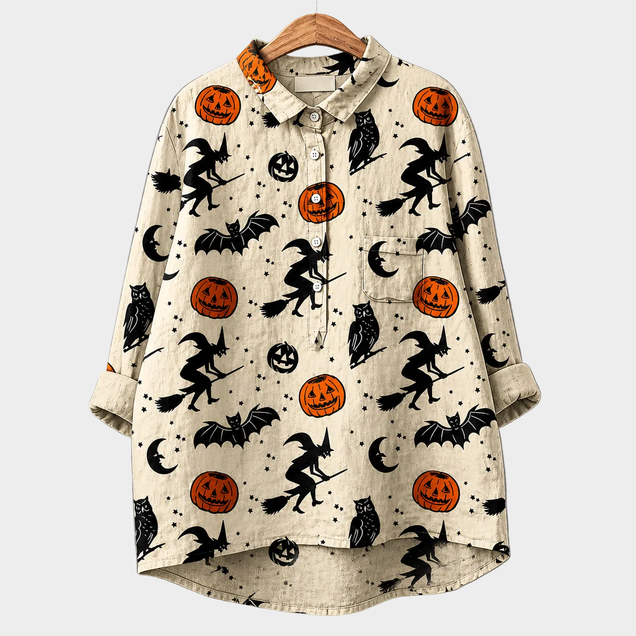 Blusa estiva beige con bottoni e stampa Halloween zucche e gatti neri
