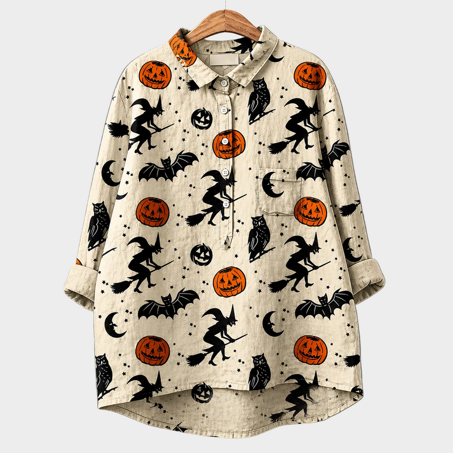 Blusa estiva beige con bottoni e stampa Halloween zucche e gatti neri