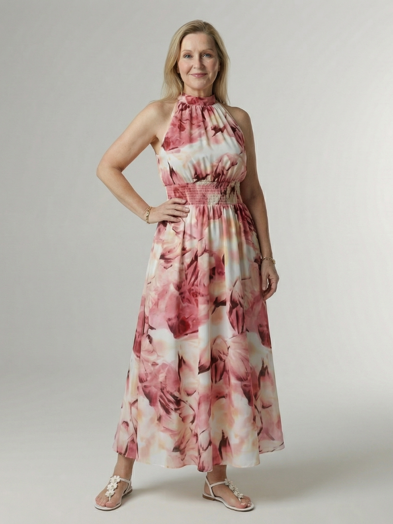 JEAN | GATHERED HALTER MIDI DRESS