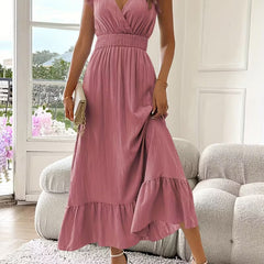Abito midi rosa cipria con scollo a V, cintura arricciata e gonna a balze