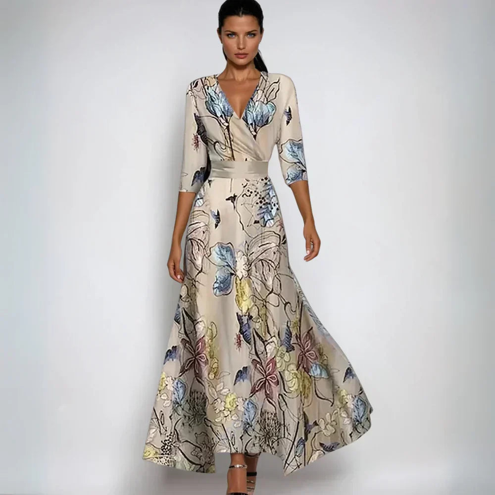 Botanical print wrap midi dress in cream with blue and mauve flowers, V-neck and belt
