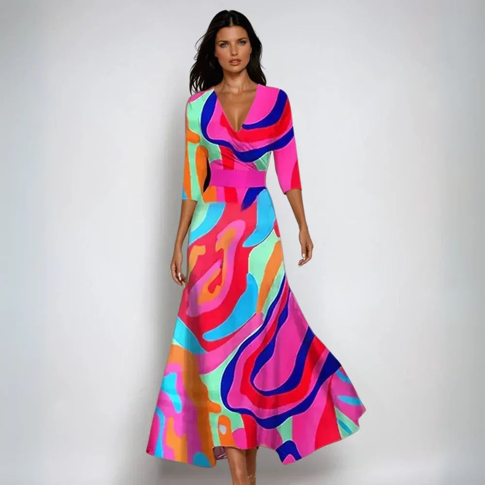 Abstract swirl wrap midi dress with bright pink, orange, blue, V-neck, and belt