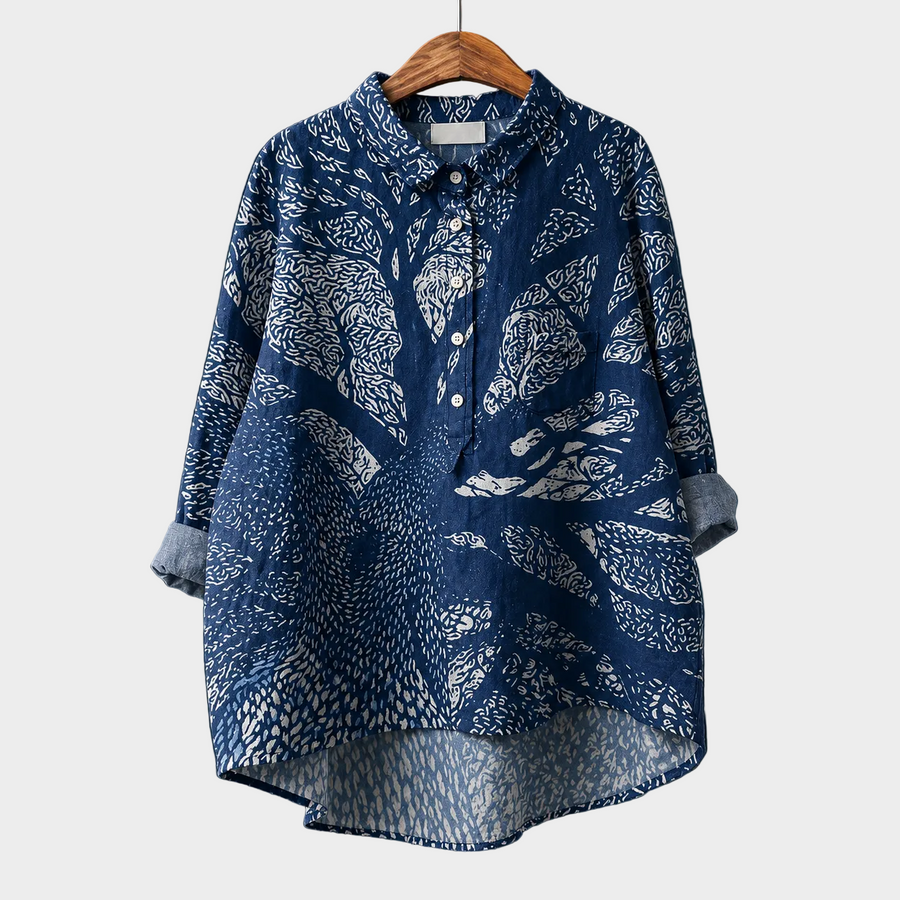 Blusa estiva blu scuro con stampa astratta, bottoni e colletto, maniche lunghe