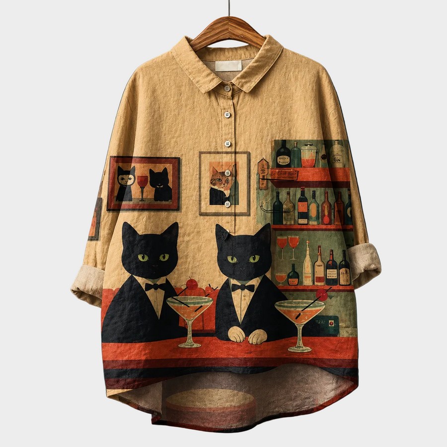 Blusa estiva beige con colletto e bottoni, stampa gatti e cocktail multicolore