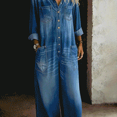 Blue denim overall with button-front and chest pockets, long sleeves