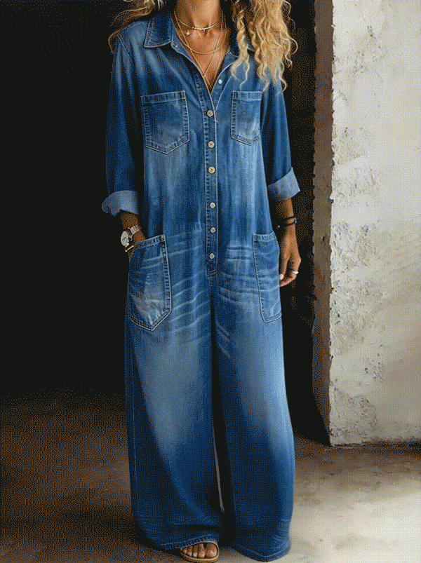 Blue denim overall with button-front and chest pockets, long sleeves