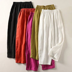 Multi-color elastic-waist trousers (black, red-orange, olive, magenta, white)