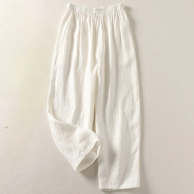 White elastic-waist comfortable everyday trousers with loose, tapered legs