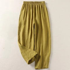 Olive elastic-waist comfortable everyday trousers with loose, tapered legs