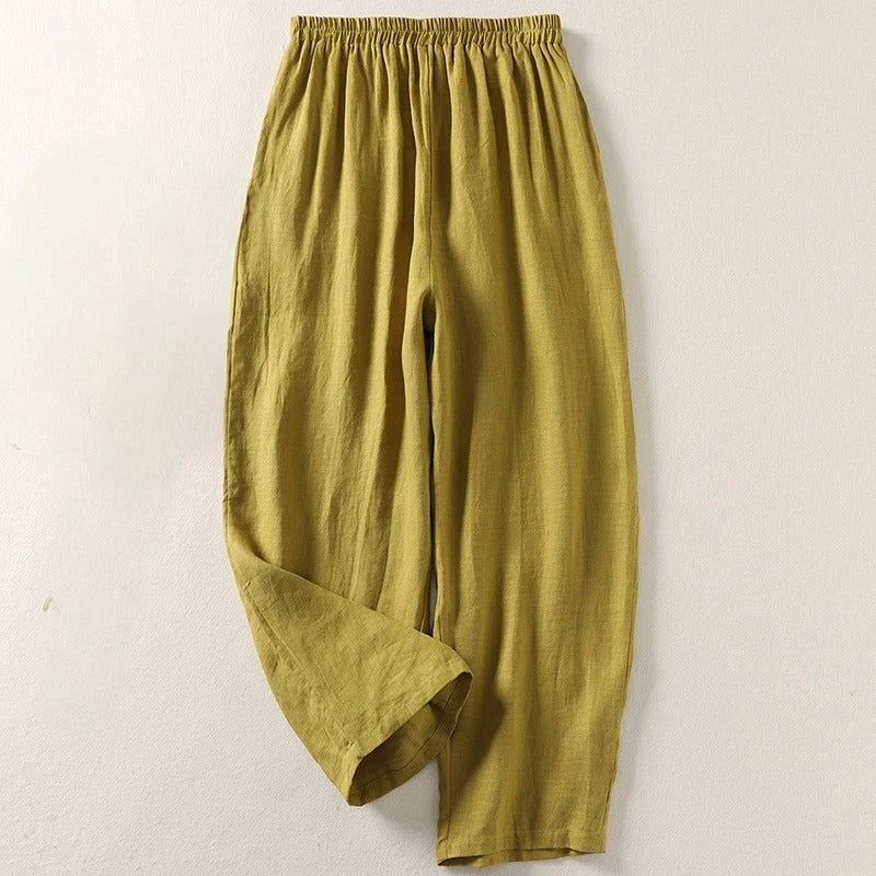 Olive elastic-waist comfortable everyday trousers with loose, tapered legs