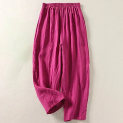 Magenta lightweight trousers with elastic waistband and relaxed straight leg