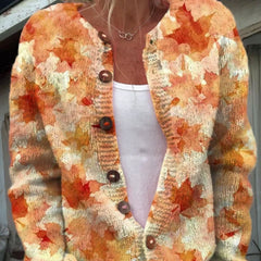 Vintage knit cardigan sweater, orange and cream abstract pattern, button front