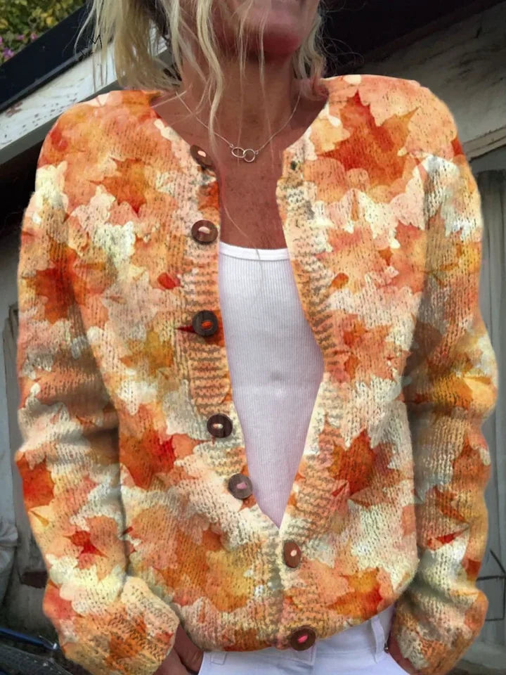 Vintage knit cardigan sweater, orange and cream abstract pattern, button front