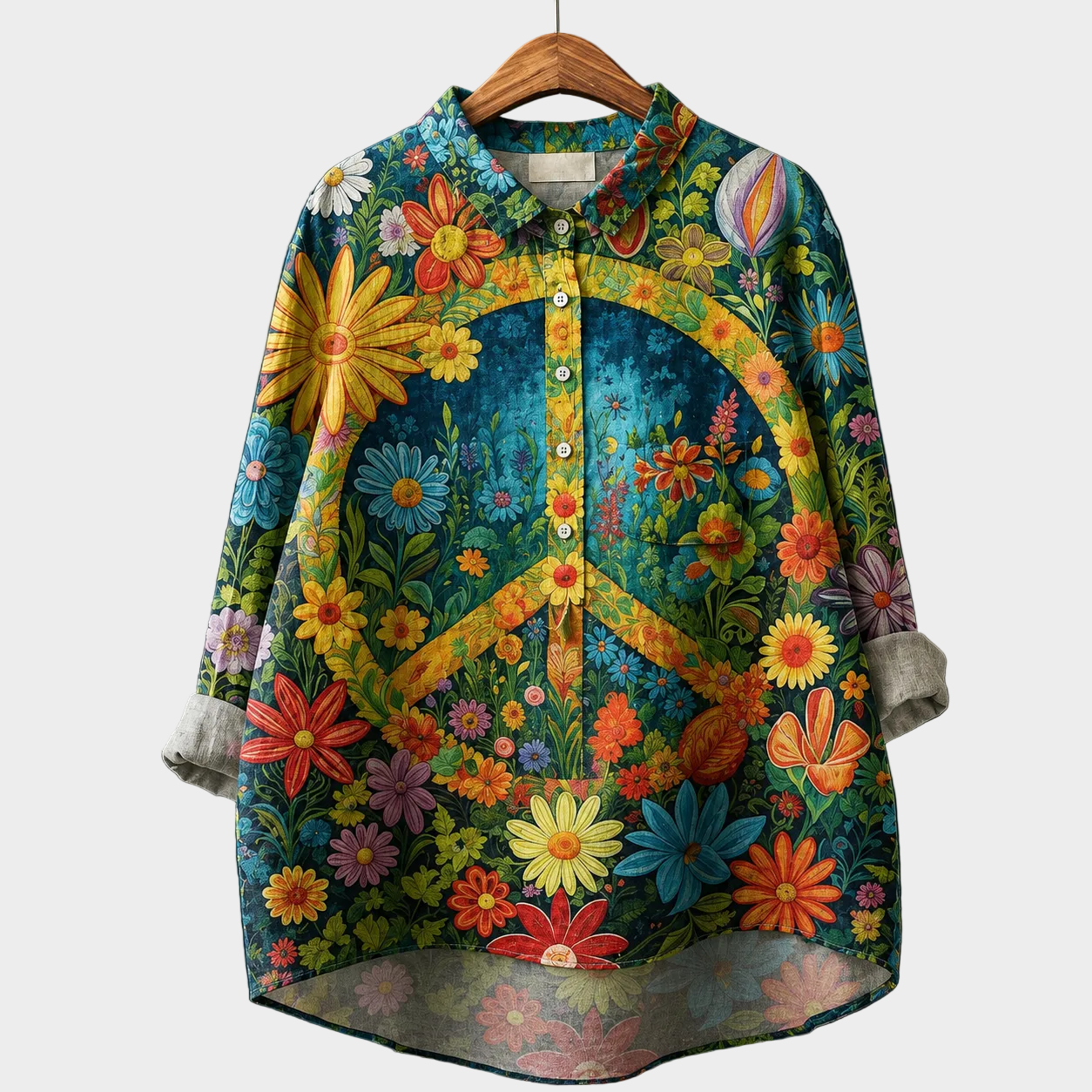 Blusa estiva da donna a maniche lunghe, stampa floreale multicolore, bottoni frontali