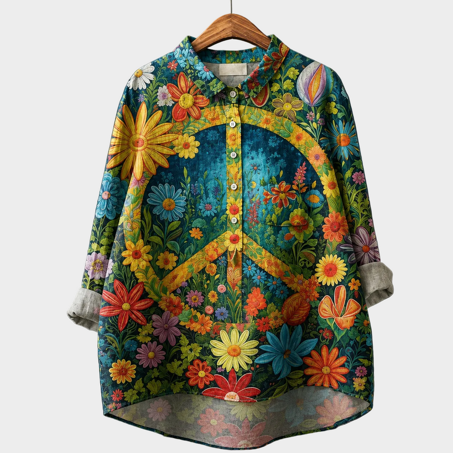 Blusa estiva da donna a maniche lunghe, stampa floreale multicolore, bottoni frontali