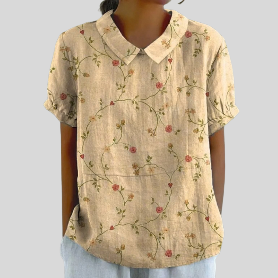 Top in lino beige con stampa floreale multicolore, scollo a V