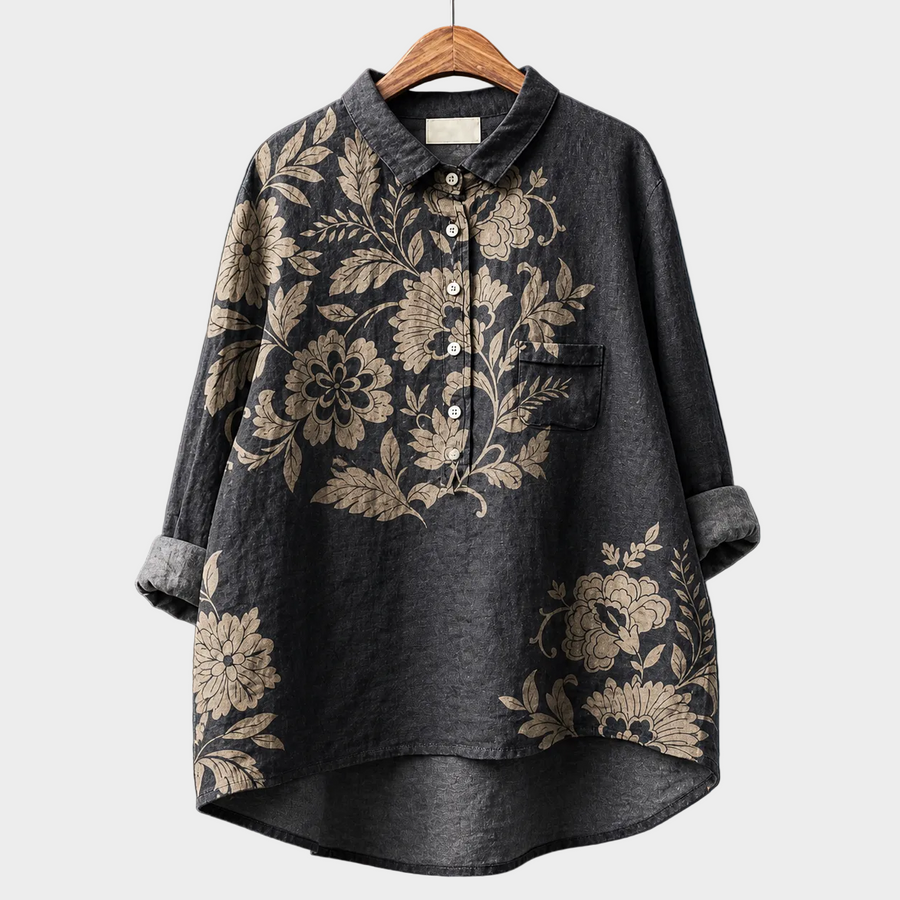 Blusa estiva nera con stampa floreale, colletto e bottoni, maniche lunghe