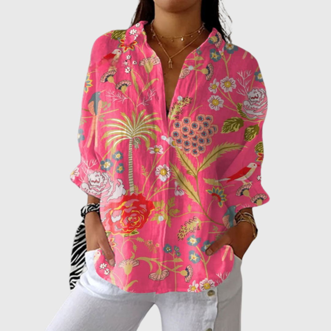 Blusa leggera magenta a maniche lunghe con stampa floreale e vegetale multicolore