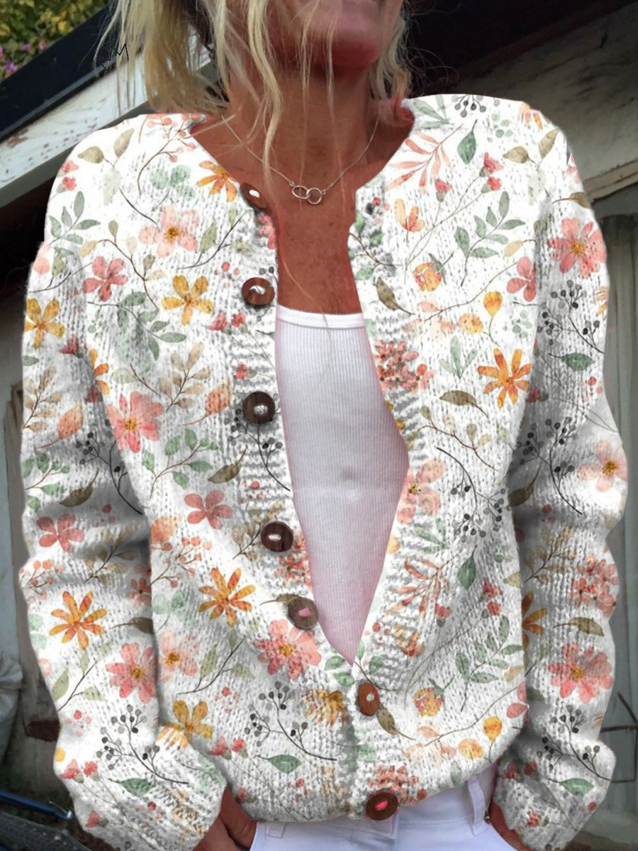 Women's floral knit cardigan, button-front V-neck, long sleeves, cream with multicolor flowers