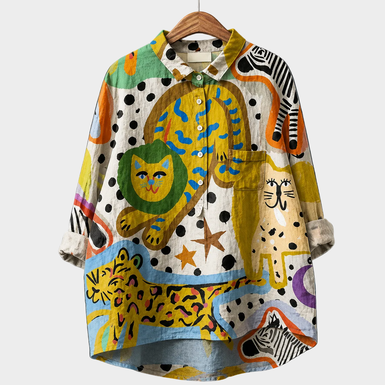 Blusa estiva colorata con stampa animaletti, colletto e bottoni frontali