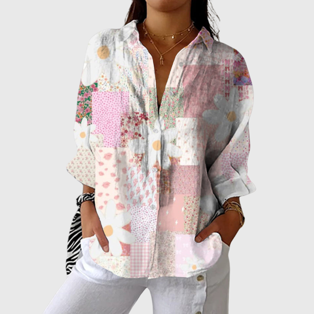 Blusa leggera stampata a fiori, maniche lunghe, scollo a V, bottoni davanti, multicolore