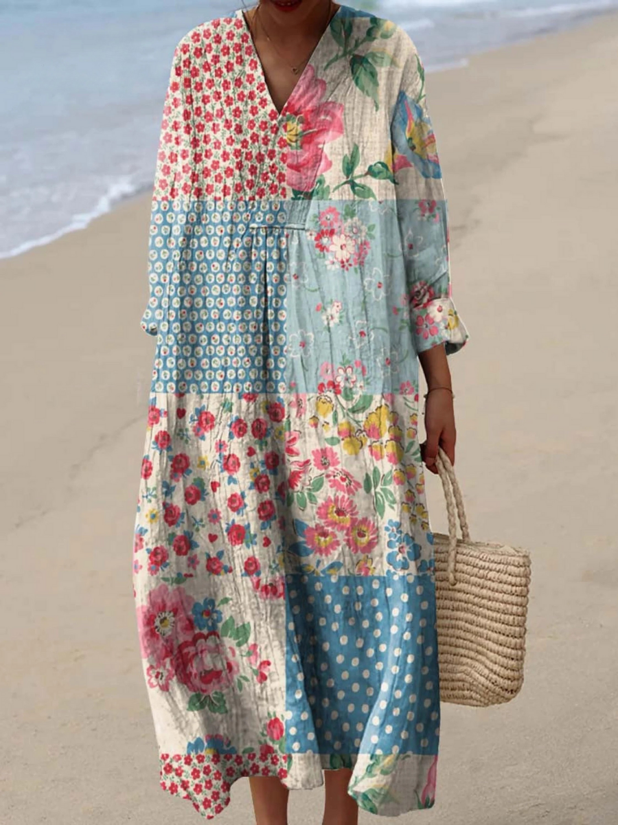 Boho maxi dress, multicolor patchwork floral quilted look, long sleeves, V-neck
