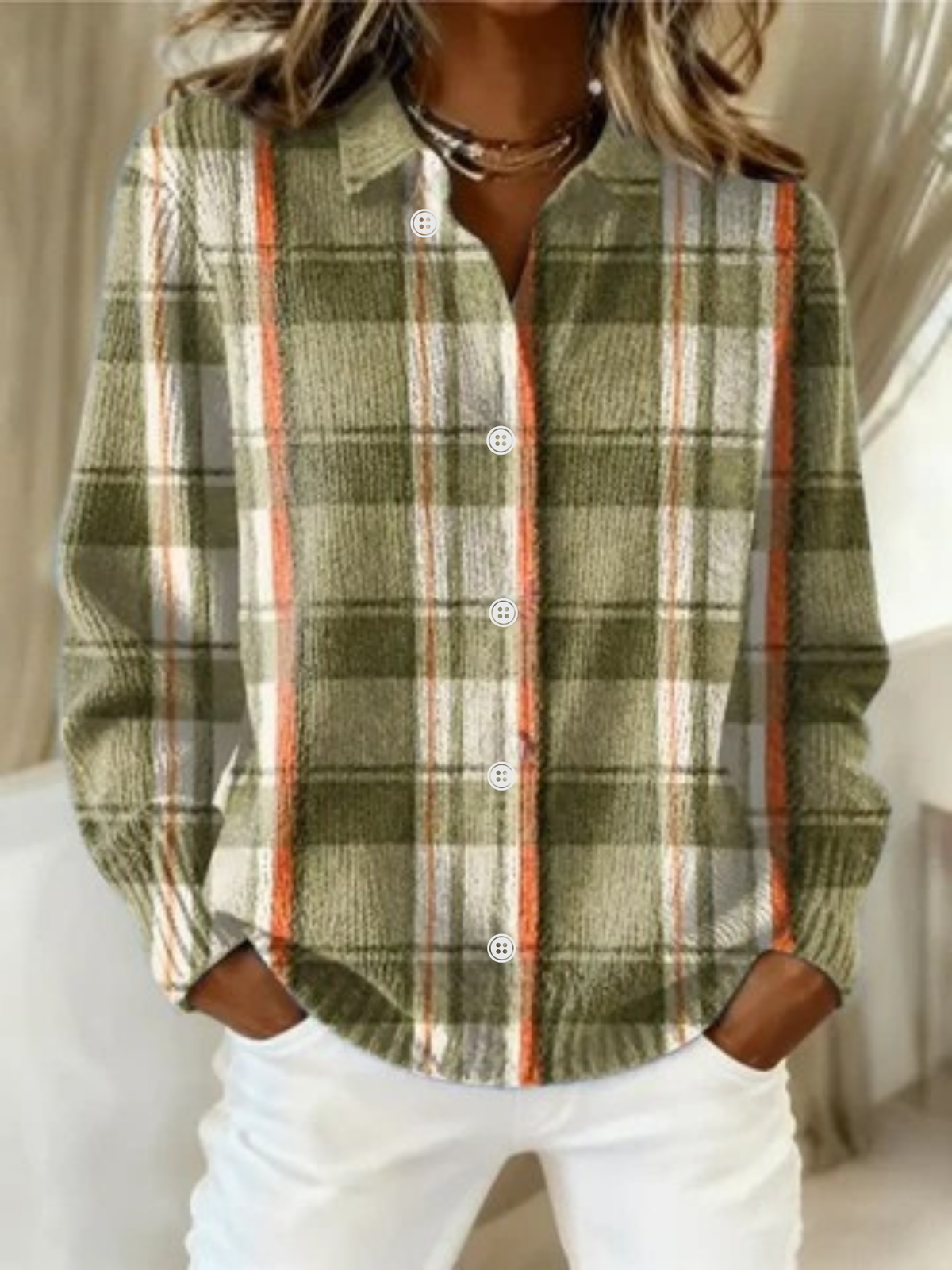 Perla checked button-front blouse in green, white, and orange plaid; long sleeves