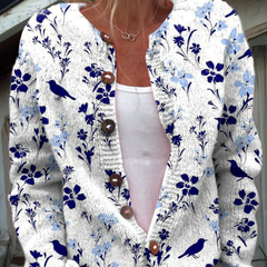 Floral bird print cardigan sweater in white with blue flowers and birds, V-neck buttons