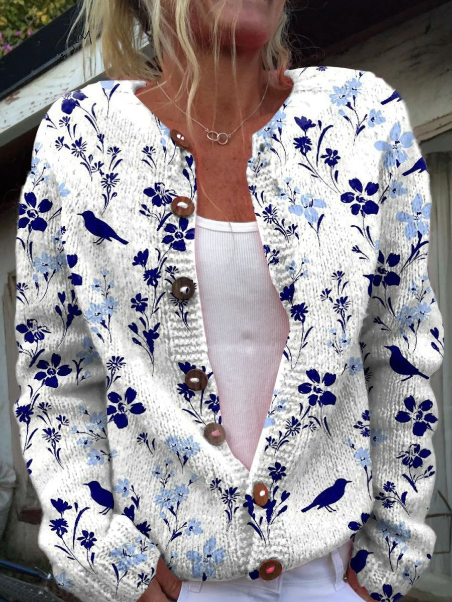 Floral bird print cardigan sweater in white with blue flowers and birds, V-neck buttons