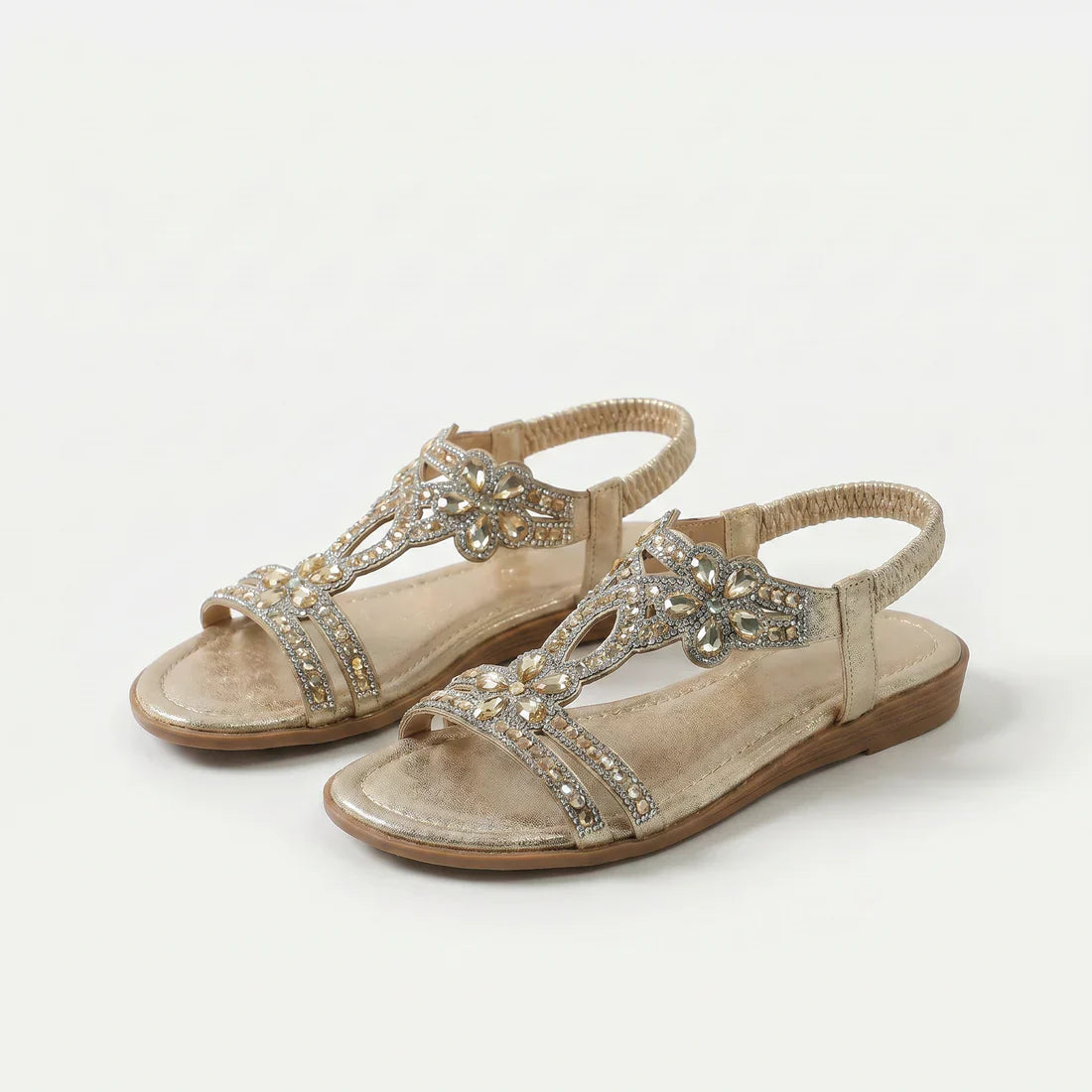 Sandali ortopedici boho beige con strass e cinturini traforati, tacco basso